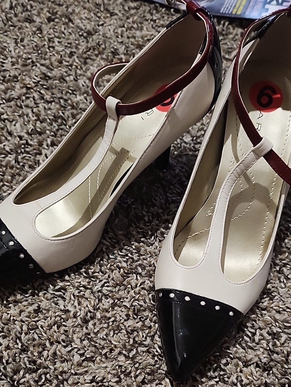 Tahari Two-Tone T-Strap Pumps in Cream and Black
